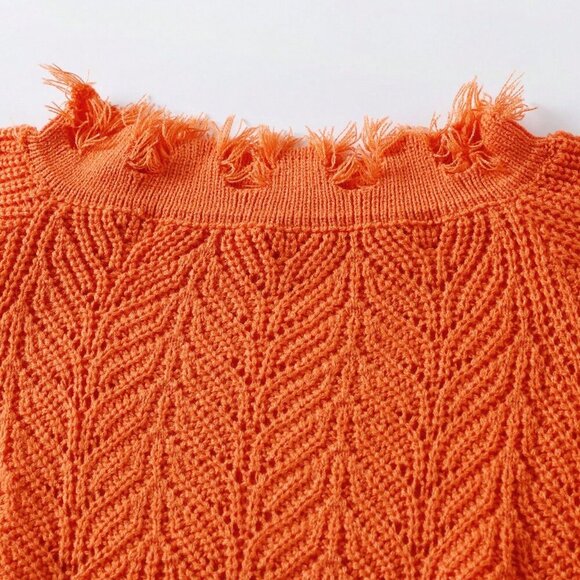 Orange Women's Off Shoulder Sweater Frayed Hem Detail Long Sleeve Pullover - Picture 3 of 8